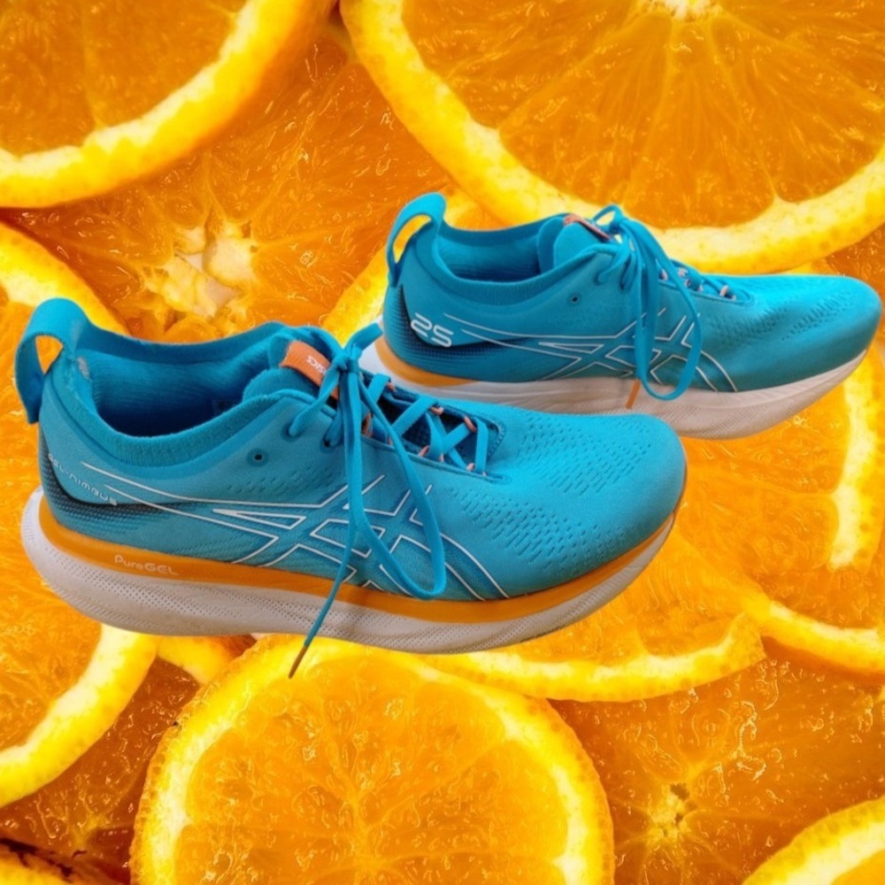 ASICS Gel-Nimbus 25 Mens 10 Island Blue Sun Peach Running Shoes 1011B547